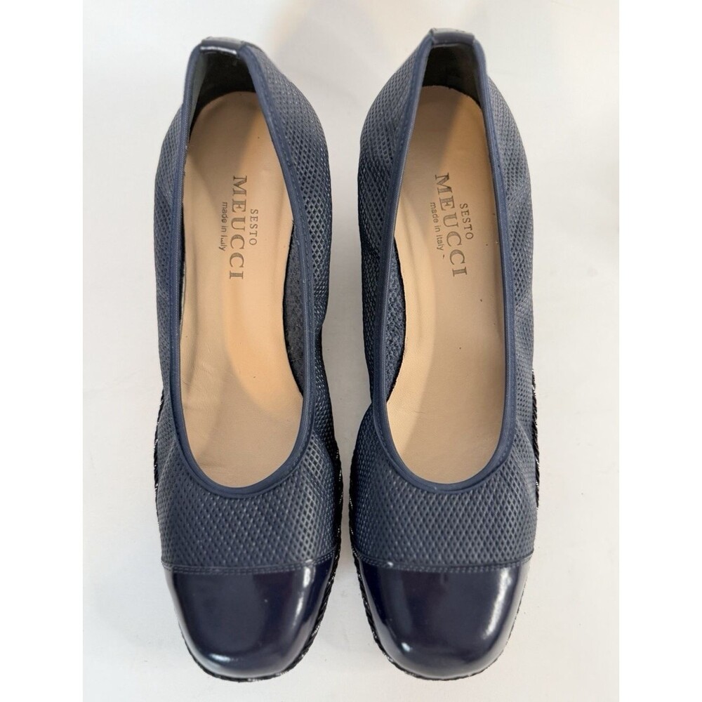 Sesto Meucci Mila Women’s 10 Navy/Silver Patent Toe Leather Pumps Comfort Wedge